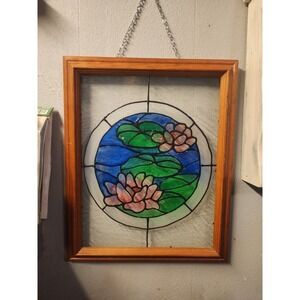 Vintage Art Nouveau Lotus Water Lily Stained Glass Framed Hanging Window Panel